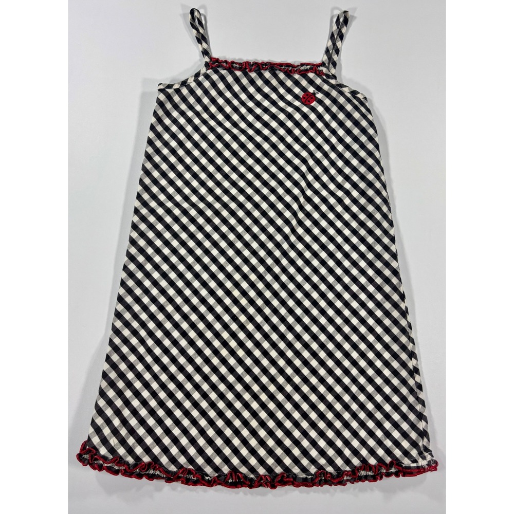 Vintage 2002 Gymboree Ladybug Dress Girls 6 Y2K Gingham Black White Red Ruffle